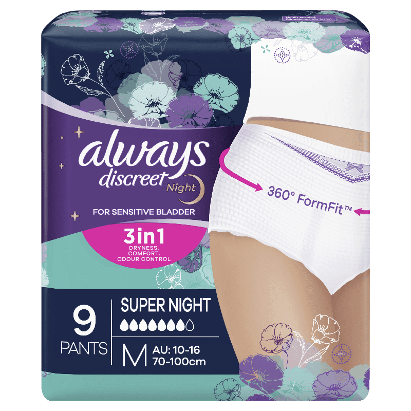 Always Discreet Super Night Underwear 9pc Medium Pants For Bladder Leaks  and Adult Incontinence 7 drops - Allcare Warehouse