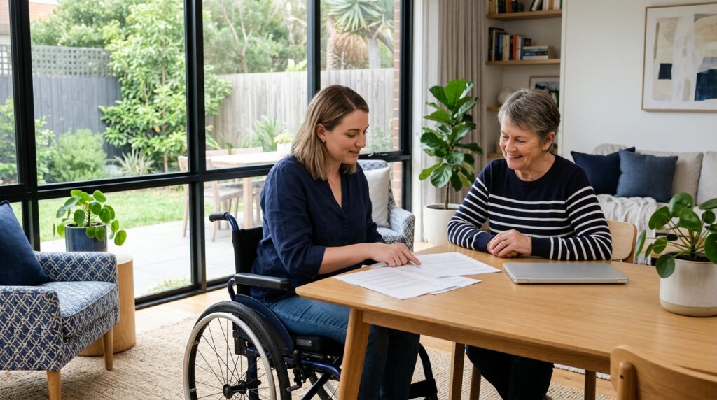 Woman in a wheelchair going through printed paperwork with an older family member at a dining table at home
