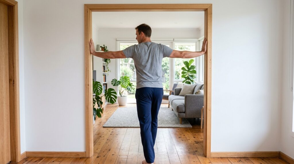 Man standing in a doorway holding both sides of the door frame at shoulder height and leaning forward into a doorway stretch