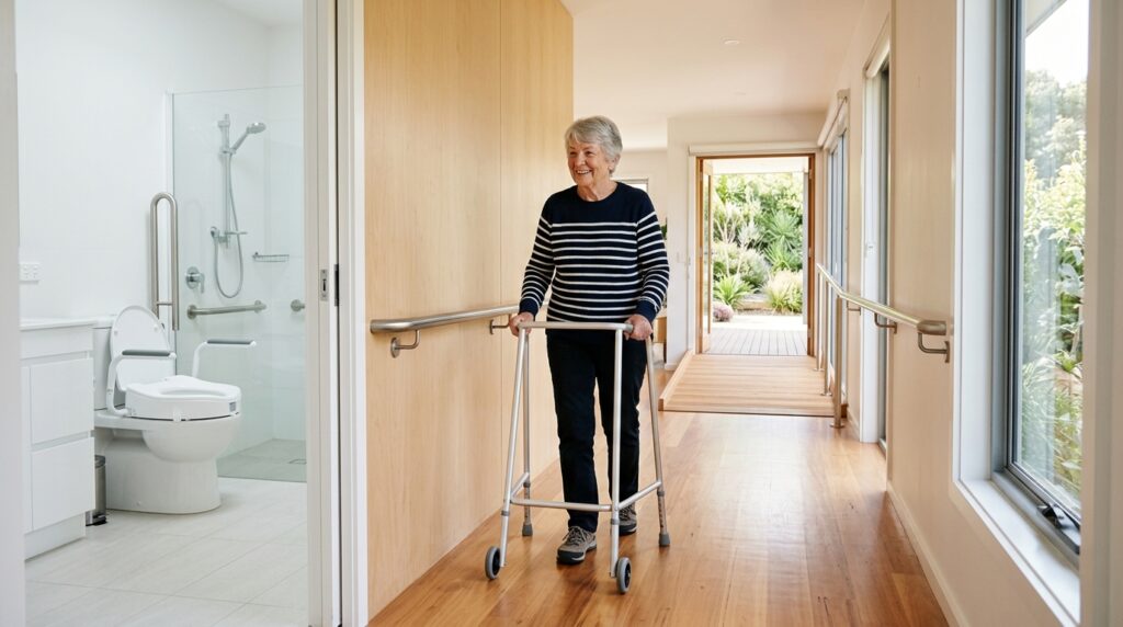 Older woman walking with a walking frame along a hallway with grab rails, past a bathroom with a raised toilet seat, towards a ramp to the garden