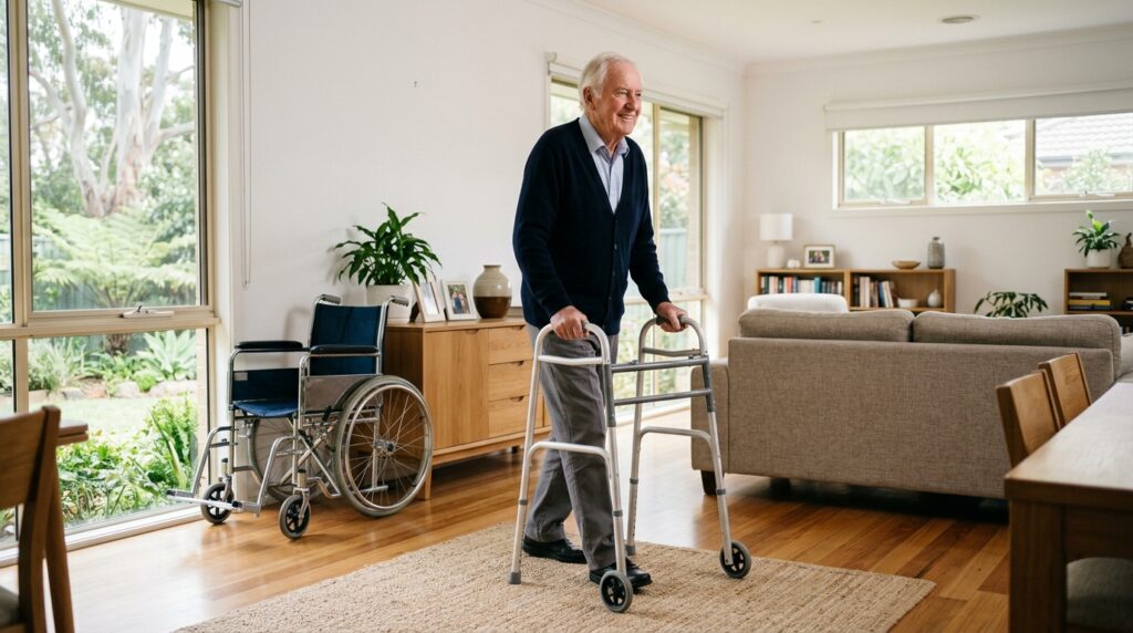 Older man walking across his living room with a walking frame, with a manual wheelchair parked by the window