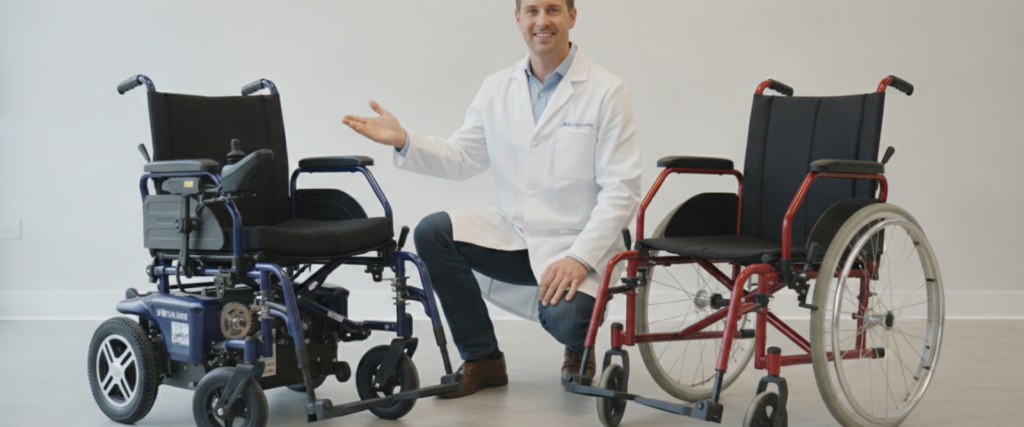 Allcare Warehouse specialist kneels between a blue electric vs manual wheelchair to help NDIS participants choose