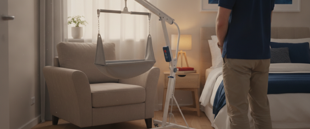 Carer standing beside a mobile patient hoist for home use with a fabric sling positioned over an armchair in a bright bedroom