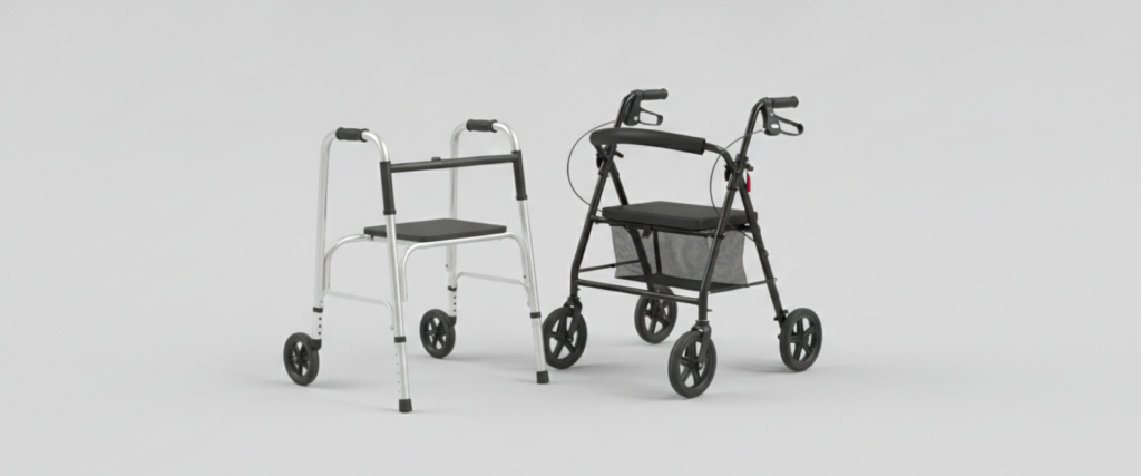 Silver walking frame vs rollator with black seats displayed side by side, comparing key features like handbrakes and storage